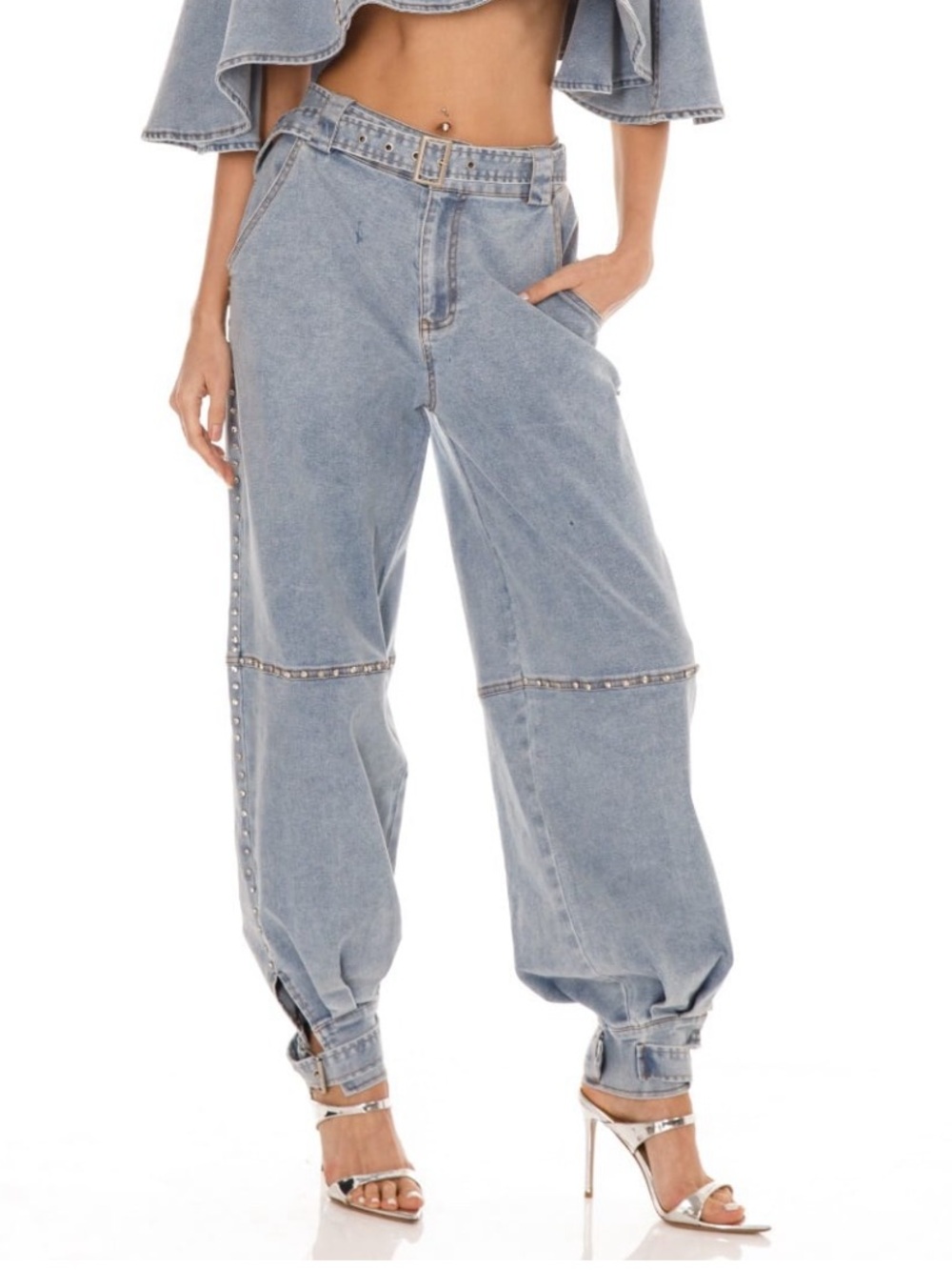 Light Wash Denim Jogger Jeans with Rhinestone Detail | Chic Boutique Denim Pants